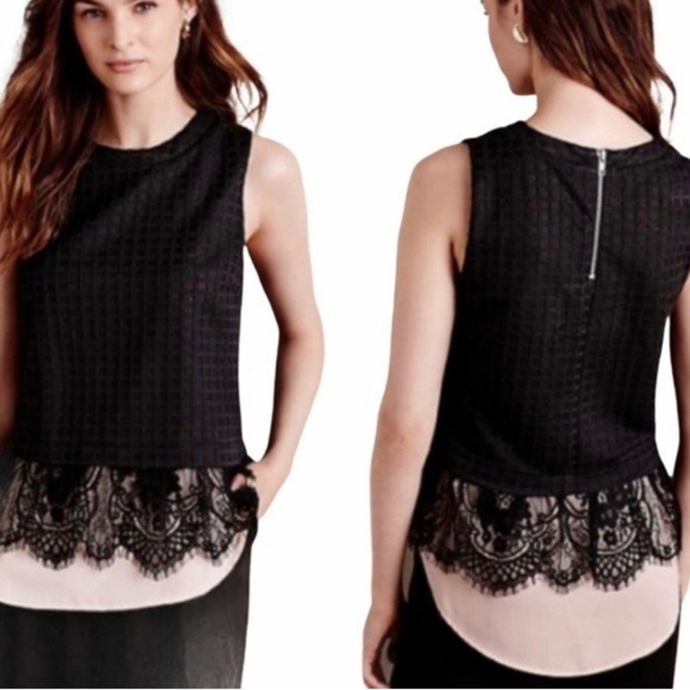Greylin Top Womens Extra Small‎ Black Pink Layered Lace Peplum Blouse Sleeveless